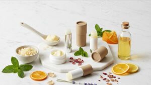 Иллюстрация для блога о натуральных бальзамах для губ ручной работы, современный стиль.