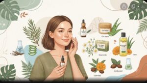 Современная иллюстрация натуральных косметических средств и чистых ингредиентов для борьбы с акне в эко-стиле